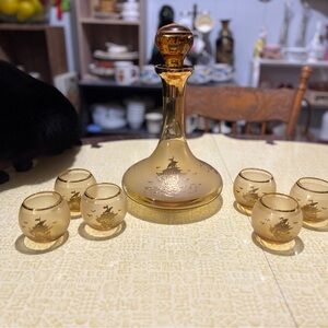 Vintage Amber Glass Decanter Set with Ship Design